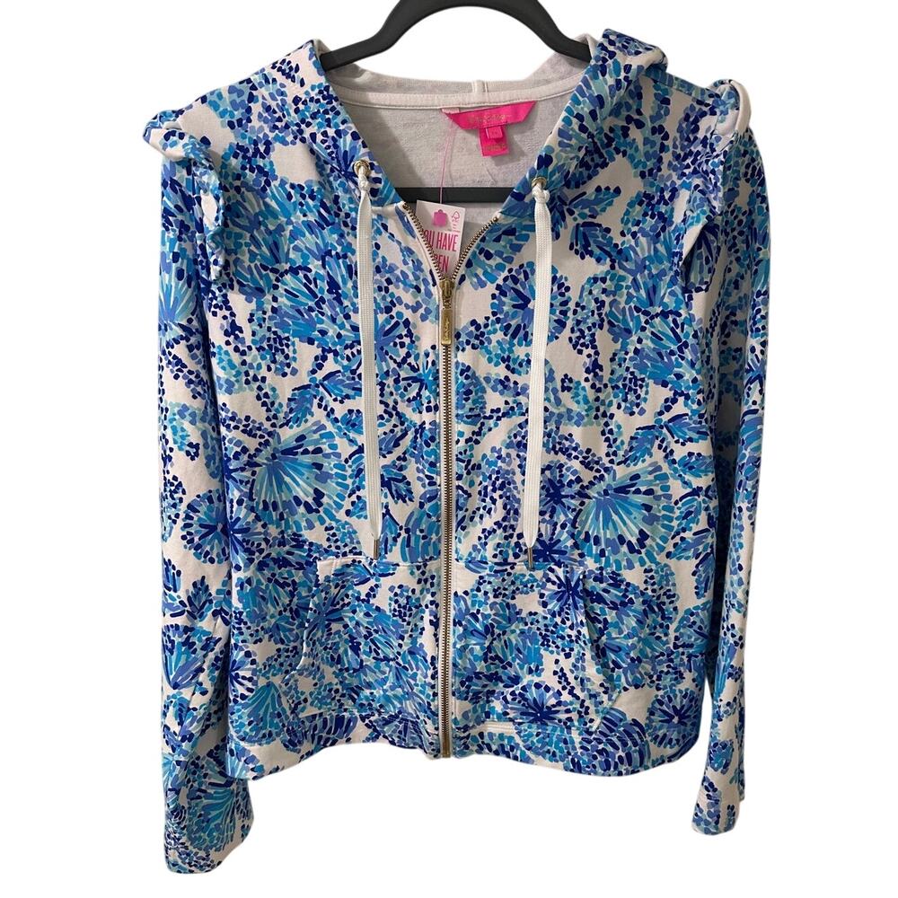 Lilly Pulitzer Audrey Full Zip Pullover Hoodie Ruffled Sleeve With Pockets, M - Picture 1 of 9